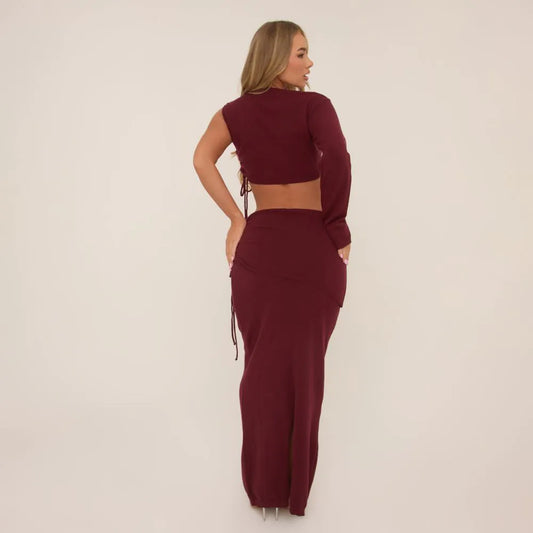 Layered Waistband Ruched Side Maxi Skirt & Top In Burgundy Knit SET