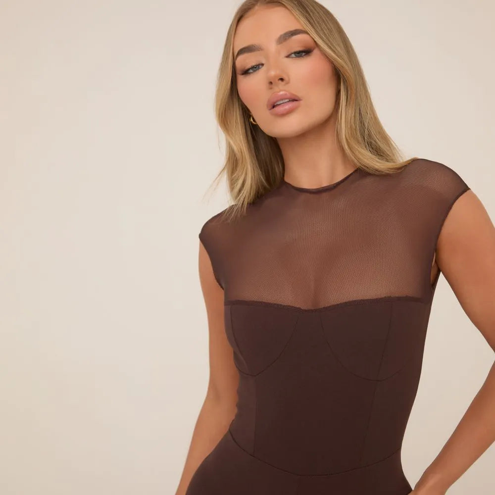 Sleeveless Mesh Contrast Under Bust Seam Detail Playsuit In Brown
