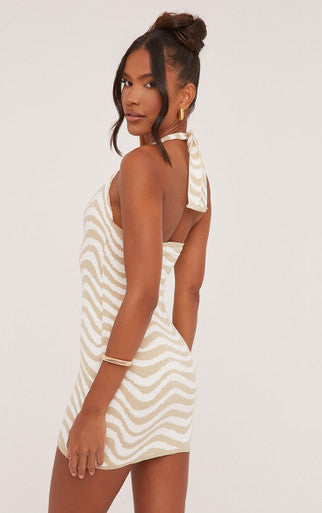 EGO - Halterneck Contrast Wave Mini Bodycon Dress In Stone Knit