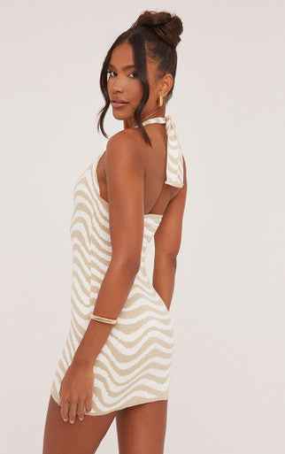 EGO - Halterneck Contrast Wave Mini Bodycon Dress In Stone Knit