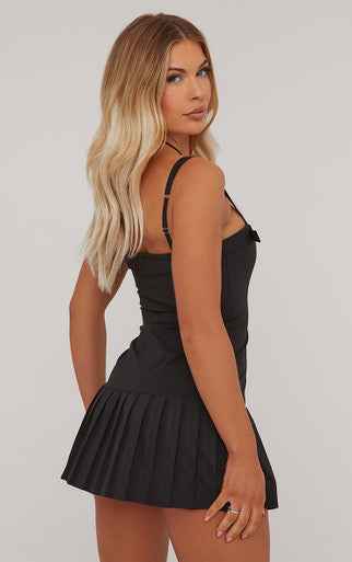 Ego - Strappy Buckle Detail Pleated Mini Dress In Black Woven