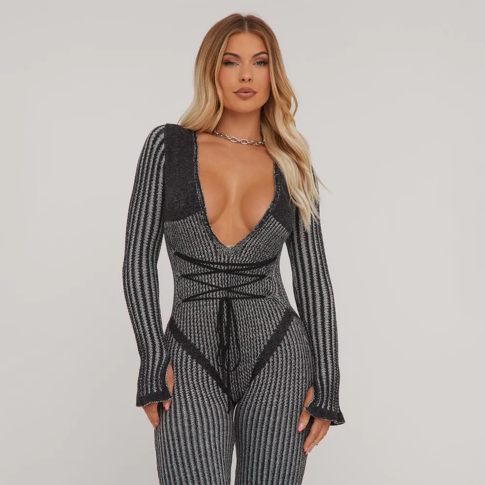 Long Sleeve Plunge Strappy Waist Detail Split Leg Jumpsuit In Contrast Black Rib Knit