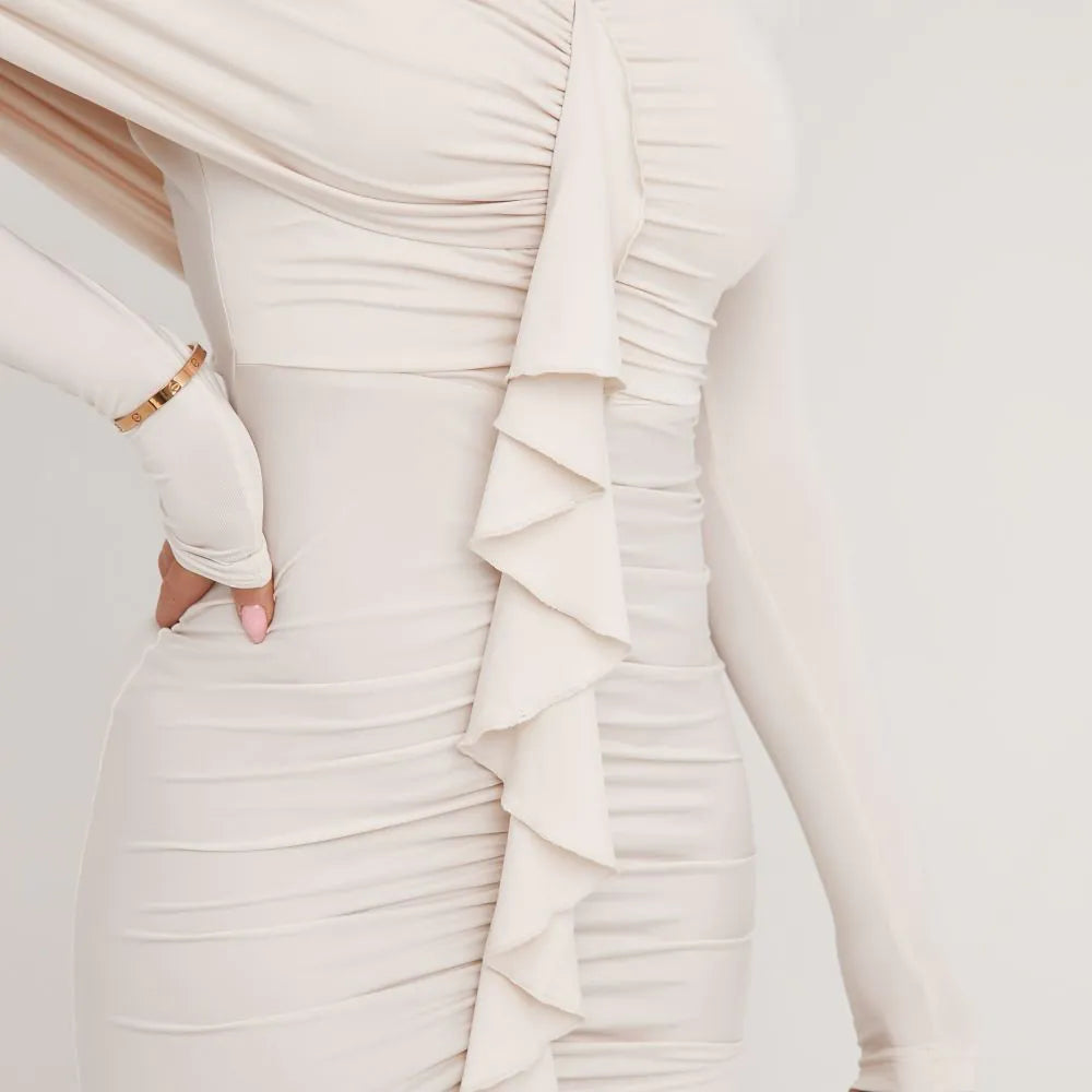 Off The Shoulder Frill Front Mini Bodycon Dress In Cream Slinky