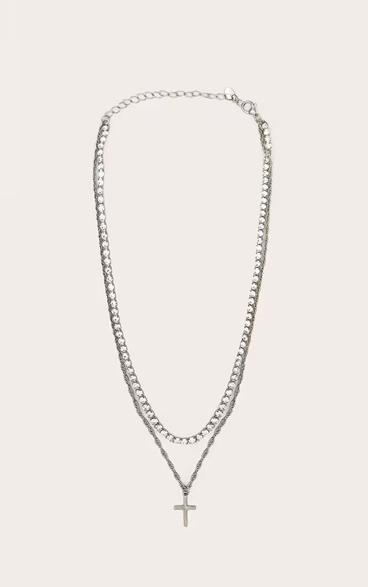 Silver Diamate Chain & Cross Multi Necklace