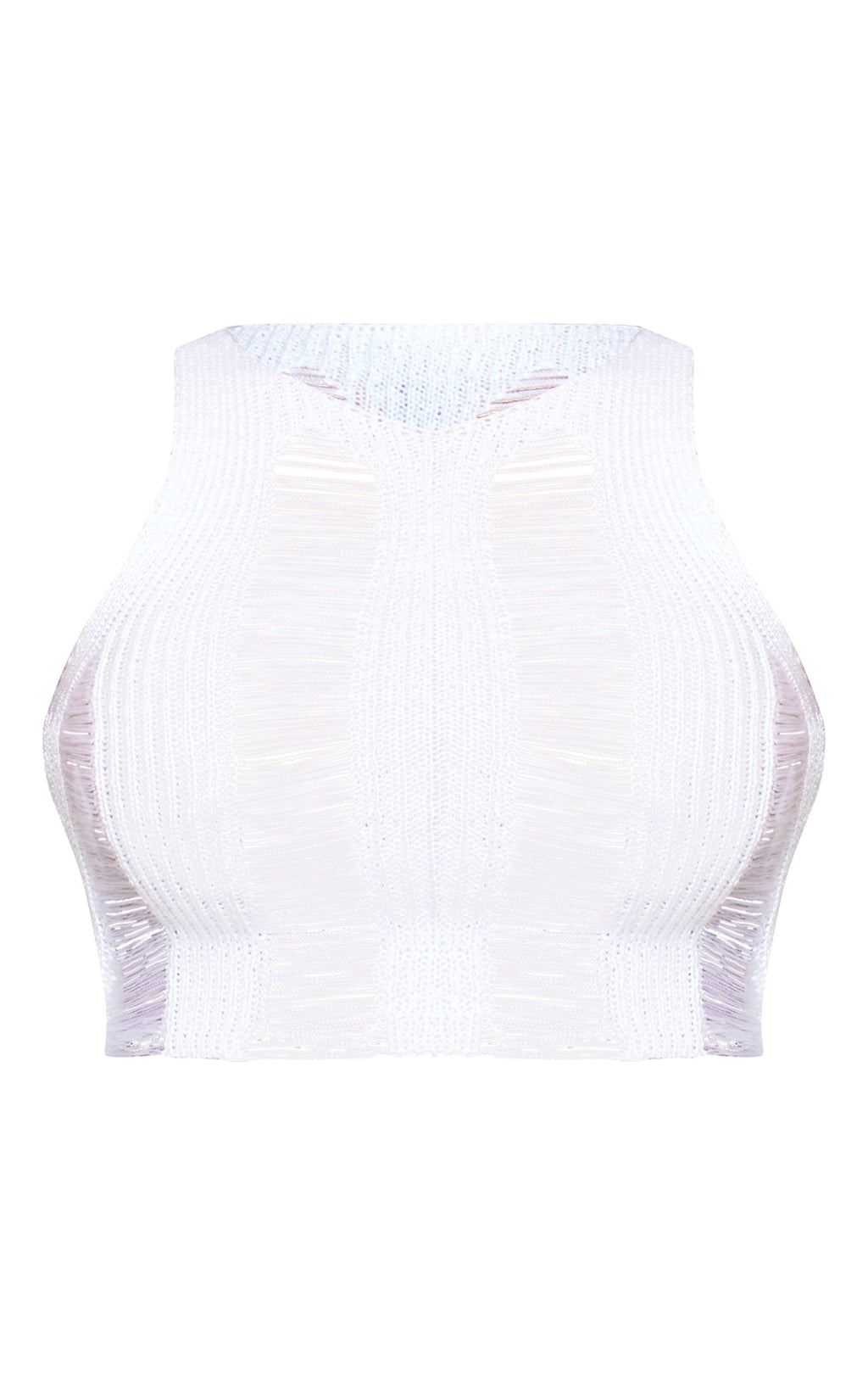 White Distressed Ladder Knit Top