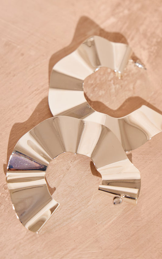 Silver Pleated Round Statement Earrings