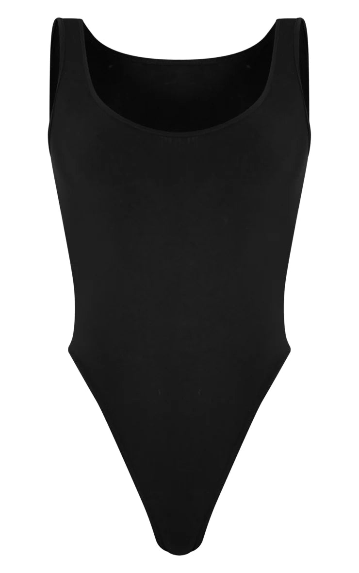 Black Basic Slinky Scoop Neck Bodysuit