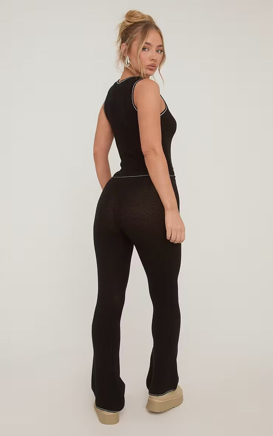 High Waist Skinny Flared Trousers In Black Waffle Knit