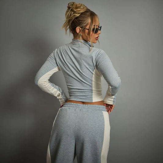 Long Sleeve High Neck Zip Front Ego Graphic Top In Grey