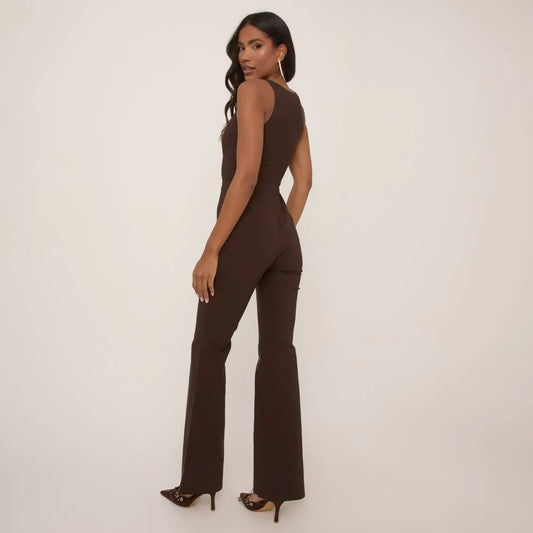Square Neck Flared Jumpsuit In Chocolate Brown