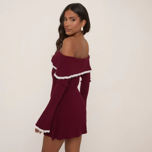 Bardot Lace Trim Flippy Hem Mini Dress In Burgundy Knit