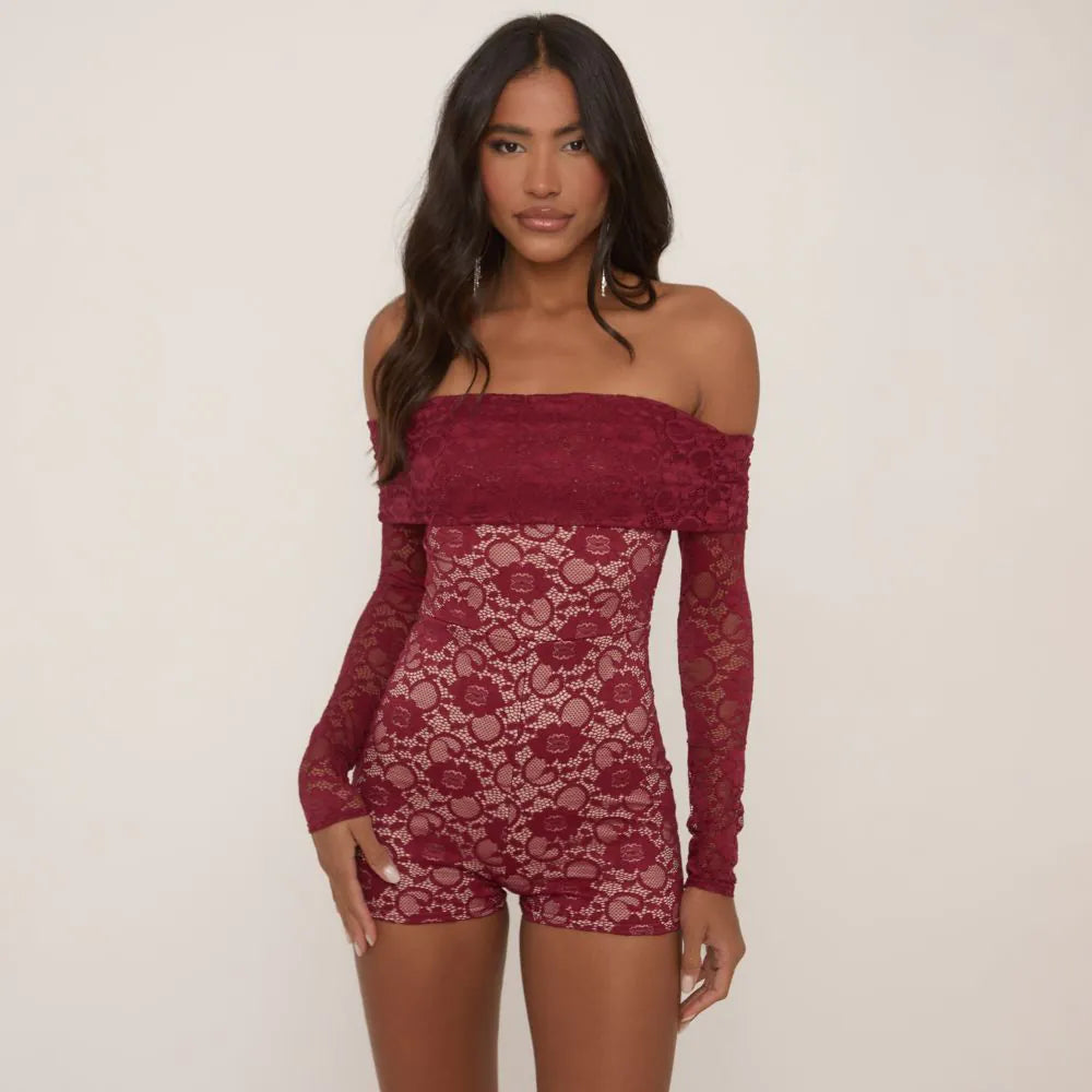 Long Sleeve Bardot Fold Over Detail Playsuit In Burgundy Lace