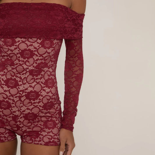 Long Sleeve Bardot Fold Over Detail Playsuit In Burgundy Lace