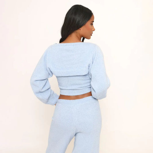 Ego - Long Sleeve Shrug Top In Blue Boucle Knit