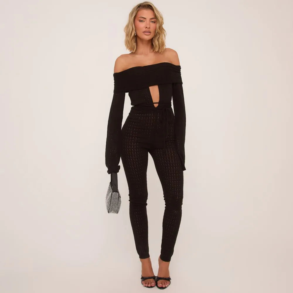 Bardot Long Sleeve Belted Cut Out Detail Jumpsuit In Black Knit