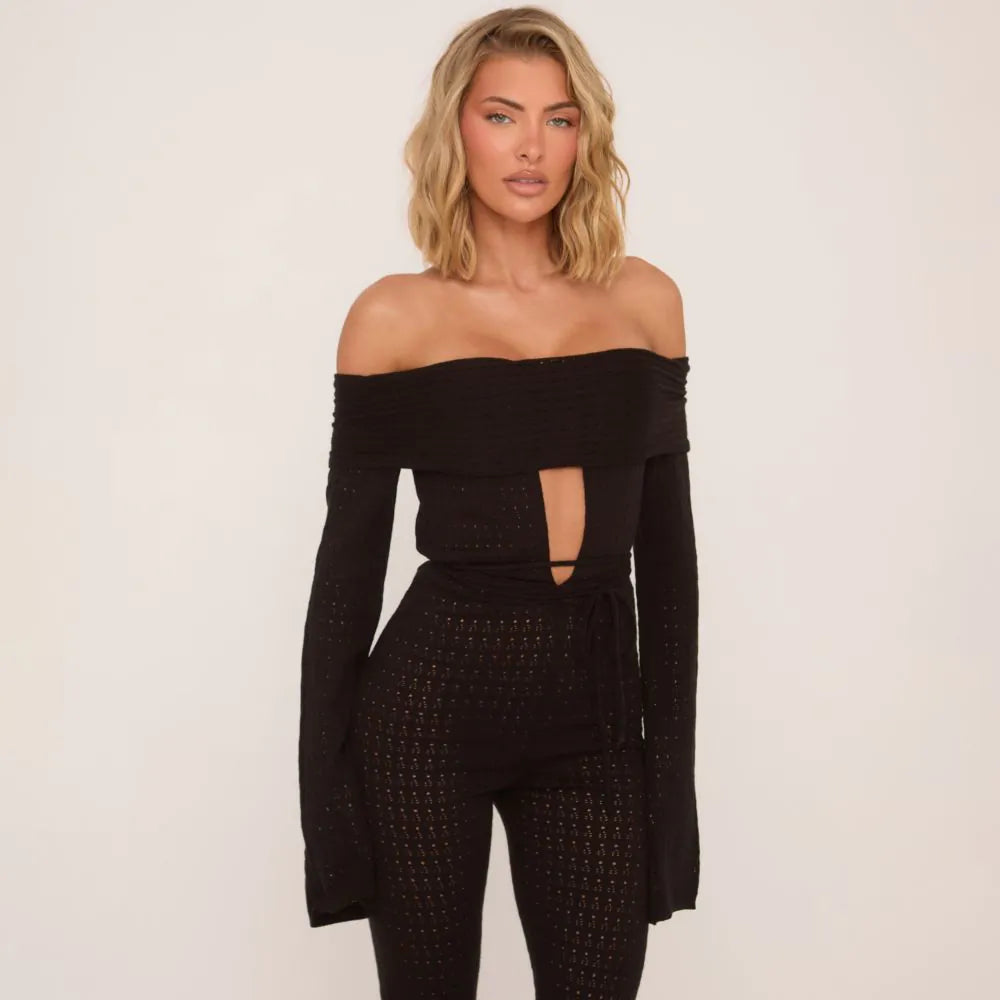 Bardot Long Sleeve Belted Cut Out Detail Jumpsuit In Black Knit