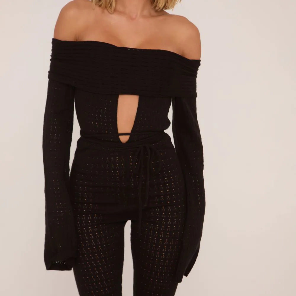 Bardot Long Sleeve Belted Cut Out Detail Jumpsuit In Black Knit