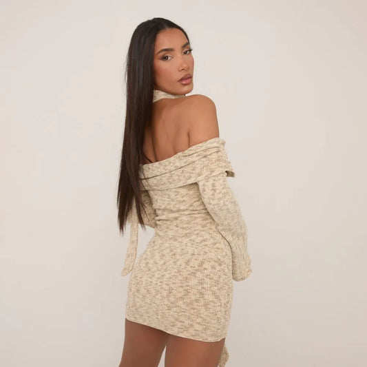 Bardot Long Sleeve Mini Bodycon Dress With Matching Scarf In Stone Texture