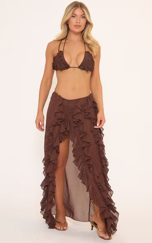 Extreme Frilled Detail Side Split Maxi Beach Skirt In Brown