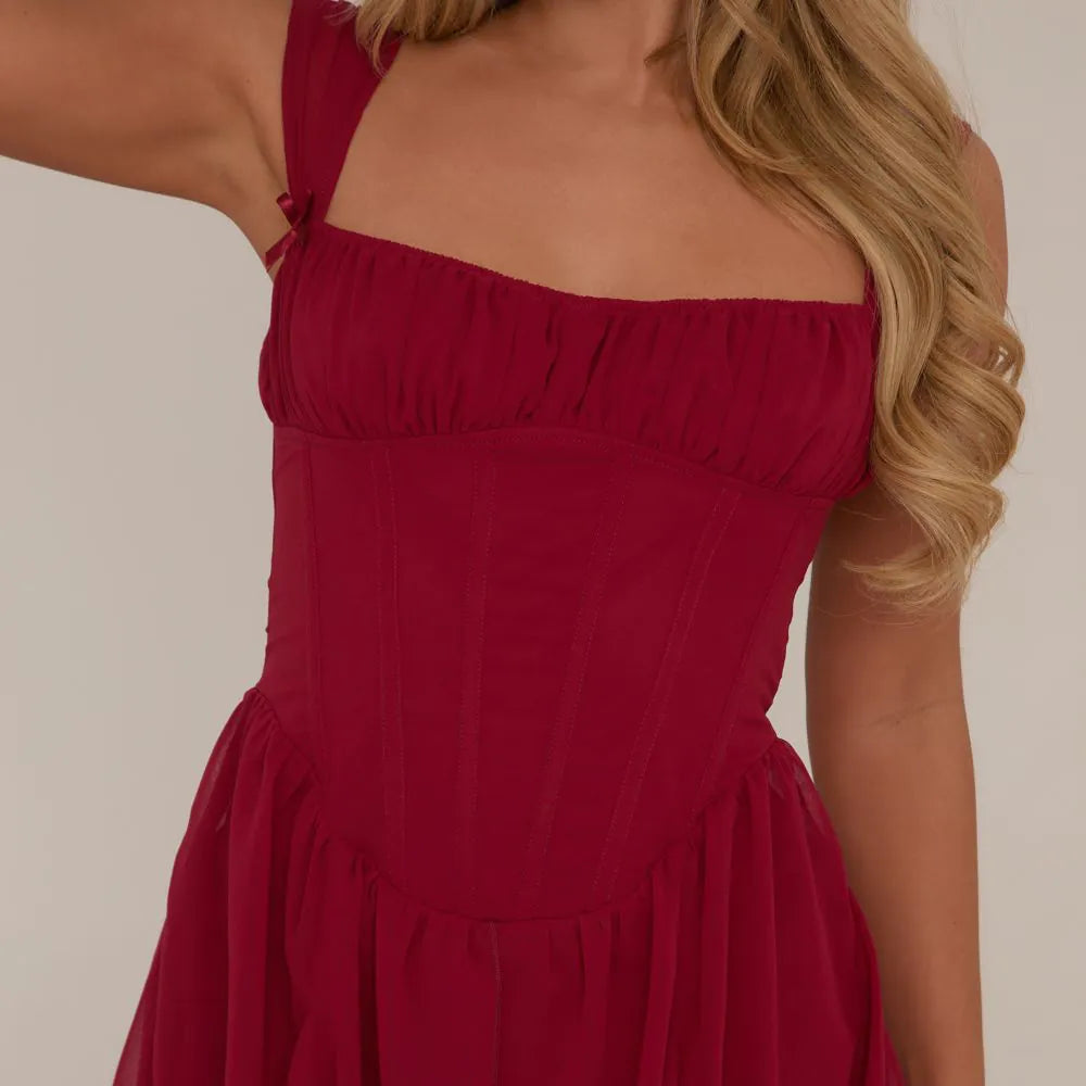 Square Neck Ruched Bust Corset Mini Dress In Burgundy
