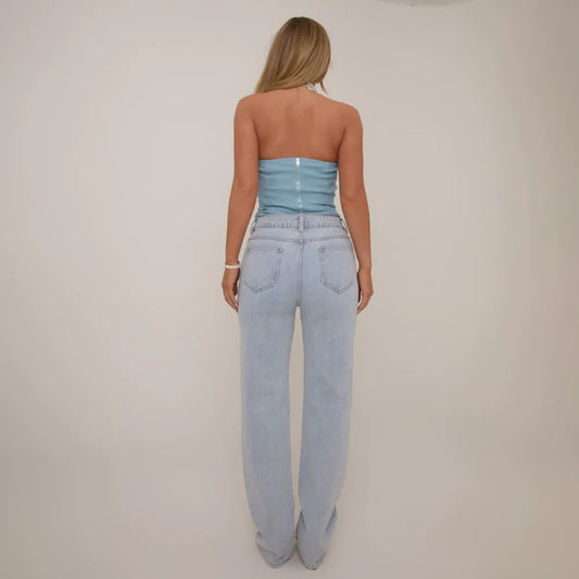 High Waist Diamante Cut Out Heart Detail Jeans In Blue Denim