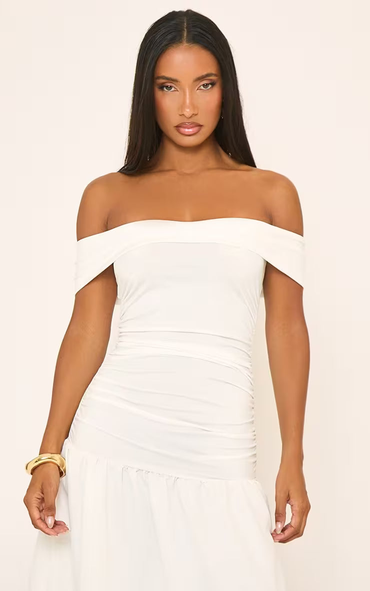 Ego - Bardot Ruched Detail Dropped Hem Midi Dress In White
