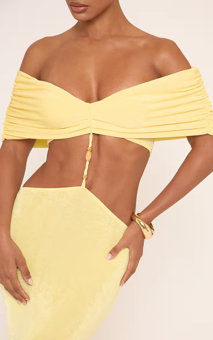 Ego - Bardot Beaded Trim Detail Cut Out Maxi Dress In Yellow