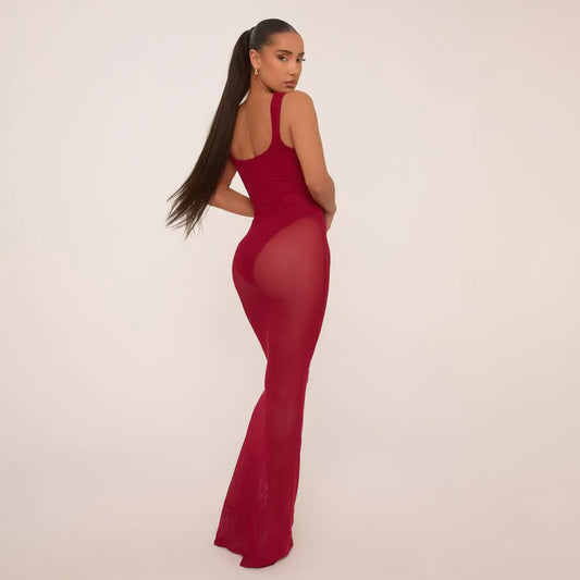 Scoop Neck Bodysuit Insert Maxi Dress In Burgundy Mesh