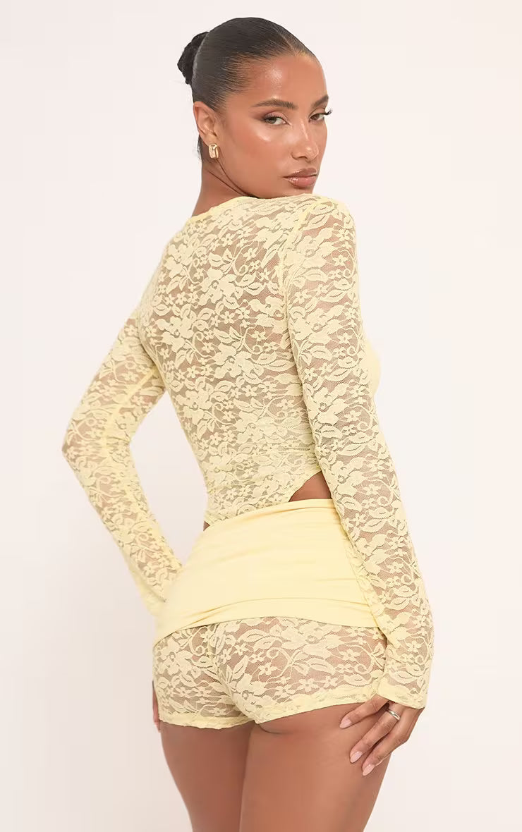 Ego - long sleeve slinky contrast twist bodysuit & shorts in yellow SET