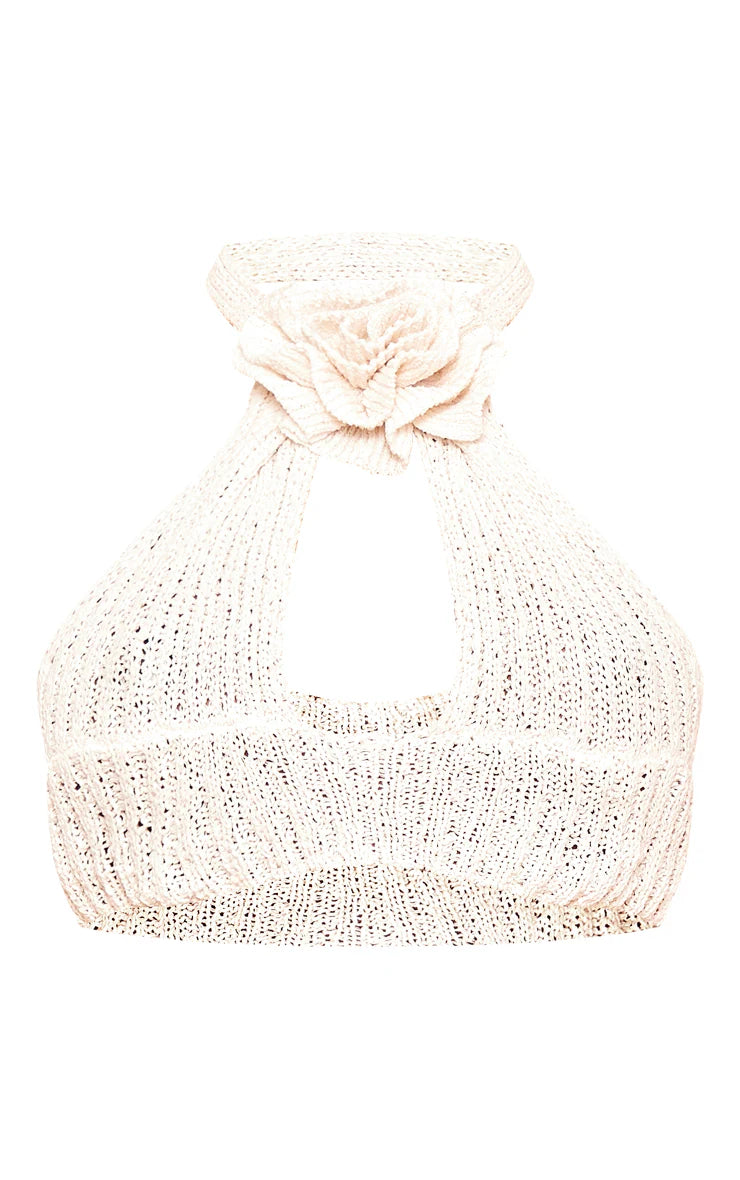 Cream Crochet Knit Floral Aplique Cut Out Top