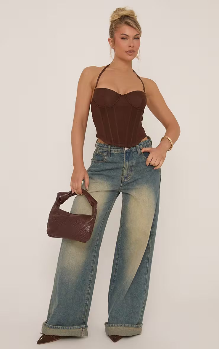 Ego - Halterneck Dipped Hem Corset Top In Chocolate Brown Mesh