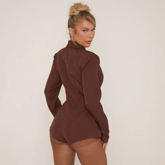 Plunge Neck Shoulder Pad Detail Tailored Playsuit In Brown