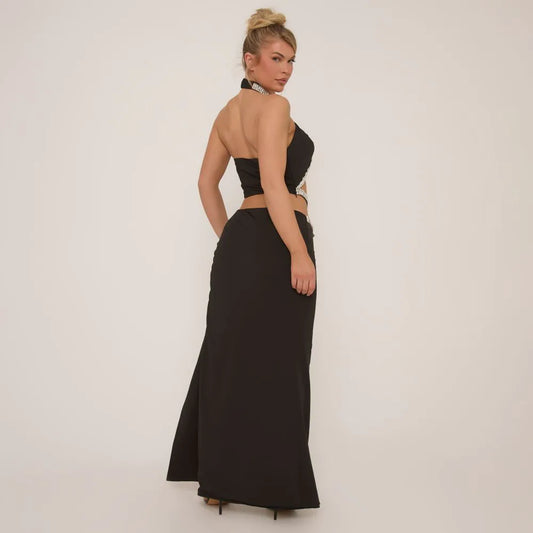 High Neck Diamante Trim Detail Cut Out Side Split Maxi Dress In Black