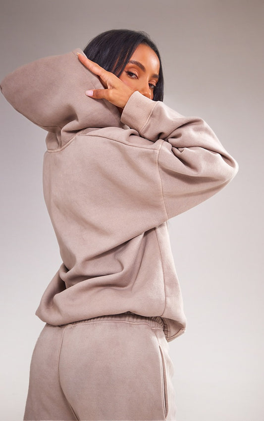 Stone Washed Oversized Front Pocket Toggle Hem Zip Up Hoodie