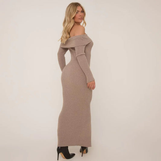 Bardot Long Sleeve Button Down Maxi Dress In Brown Rib Knit