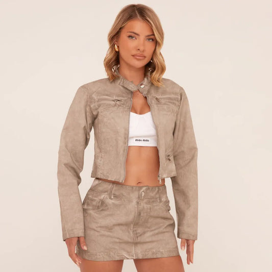 High Waist Mini Bodycon Skirt In Washed Light Grey