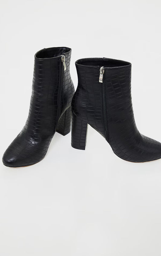 Behati Black Faux Croc Ankle Boot