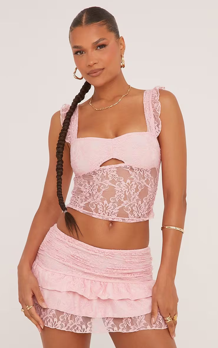 Ego - Strappy Cut Out Front Crop Top In Pink Lace