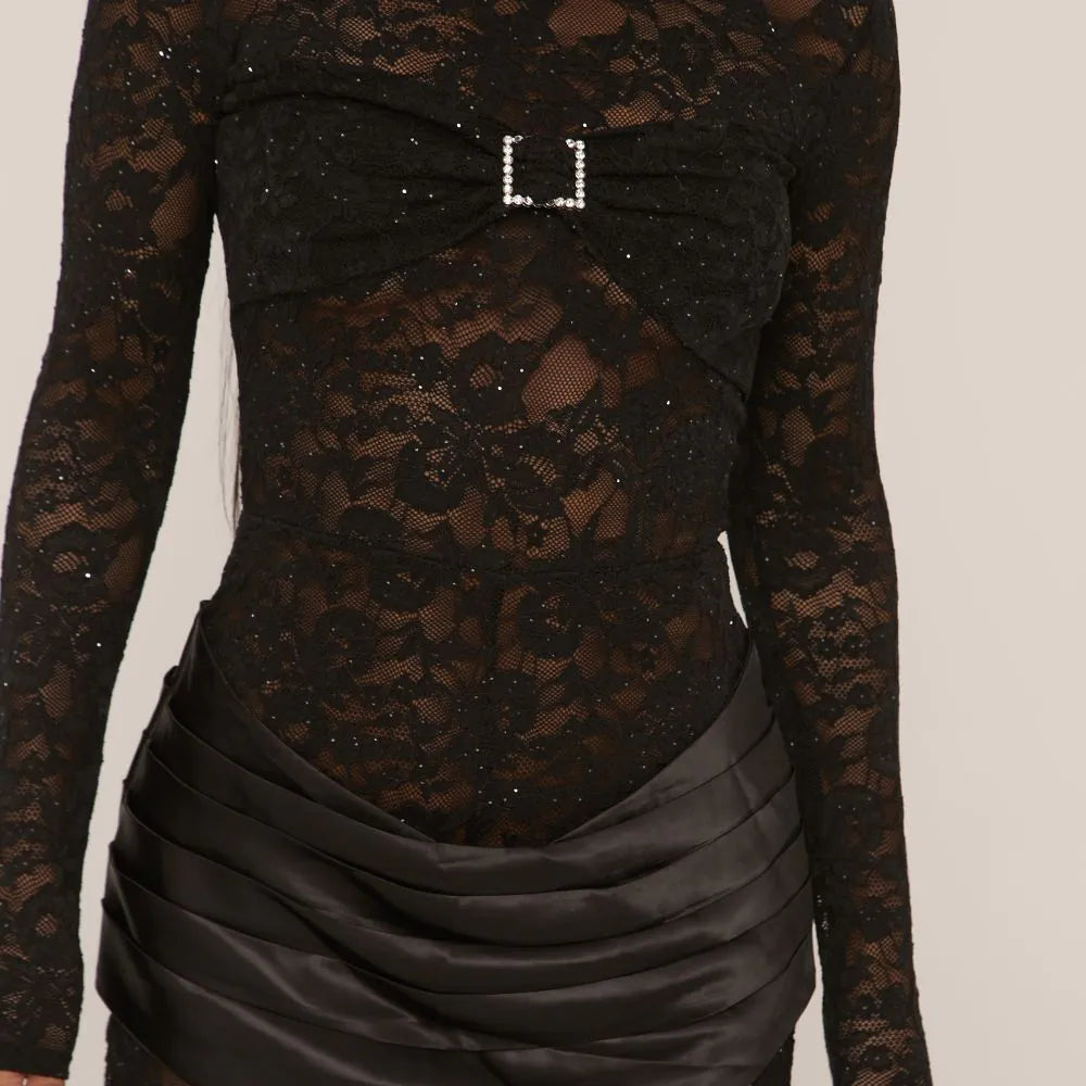 Long Sleeve Diamante Buckle Bust Satin Draped Front Jumpsuit In Black Sequin Lace