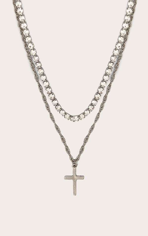Silver Diamate Chain & Cross Multi Necklace
