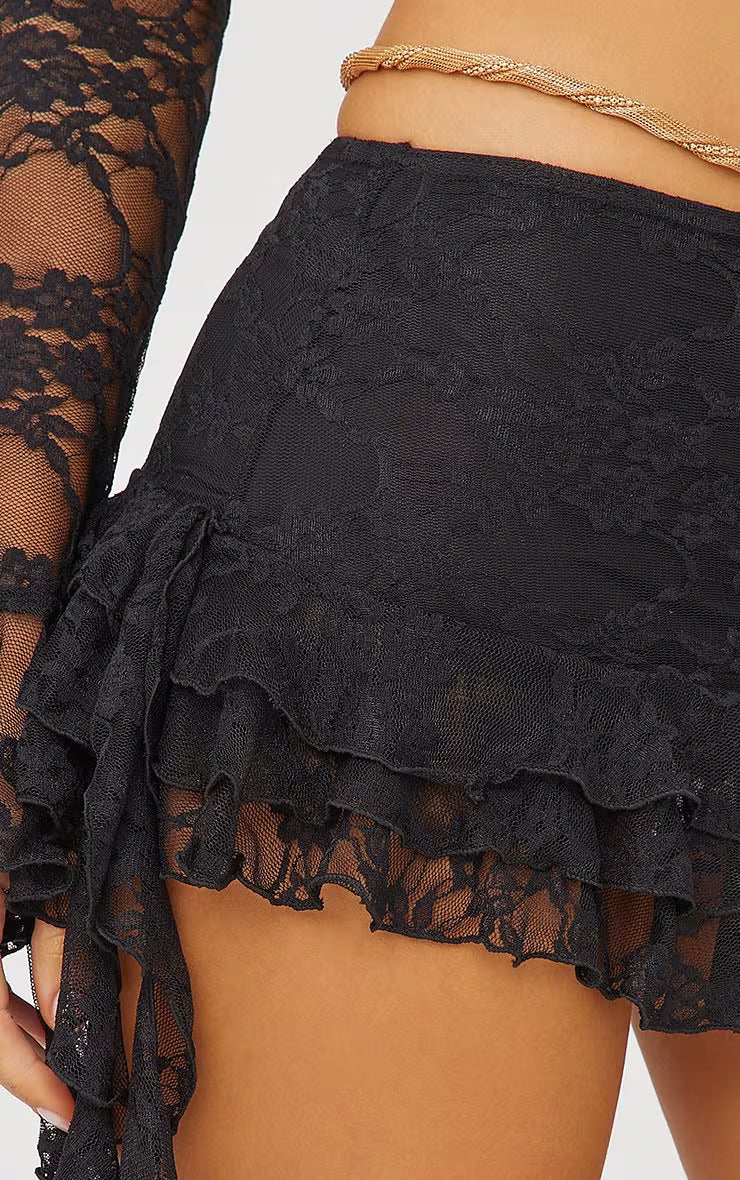 Ego - High Waist Frill Detail Mini Skirt In Black Lace
