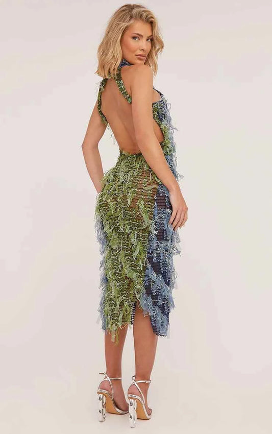 Ego - Halterneck Open Back Detail Textured Midaxi Dress In Blue Woven