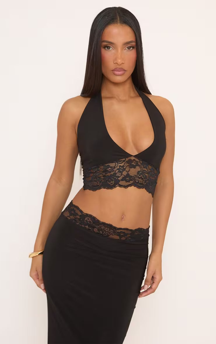 Ego - Plunge Halterneck Contrast Lace Hem Top & Maxi Skirt In Black SET