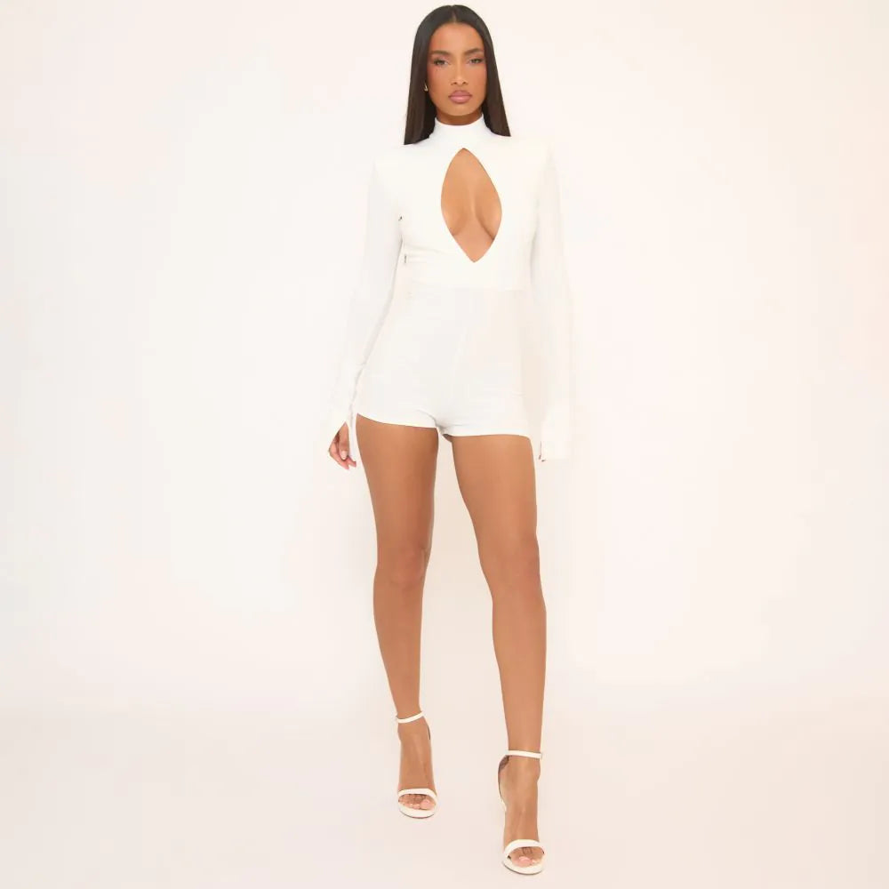Long Sleeve Keyhole Cut Out Shoulder Pad Playsuit In Cream