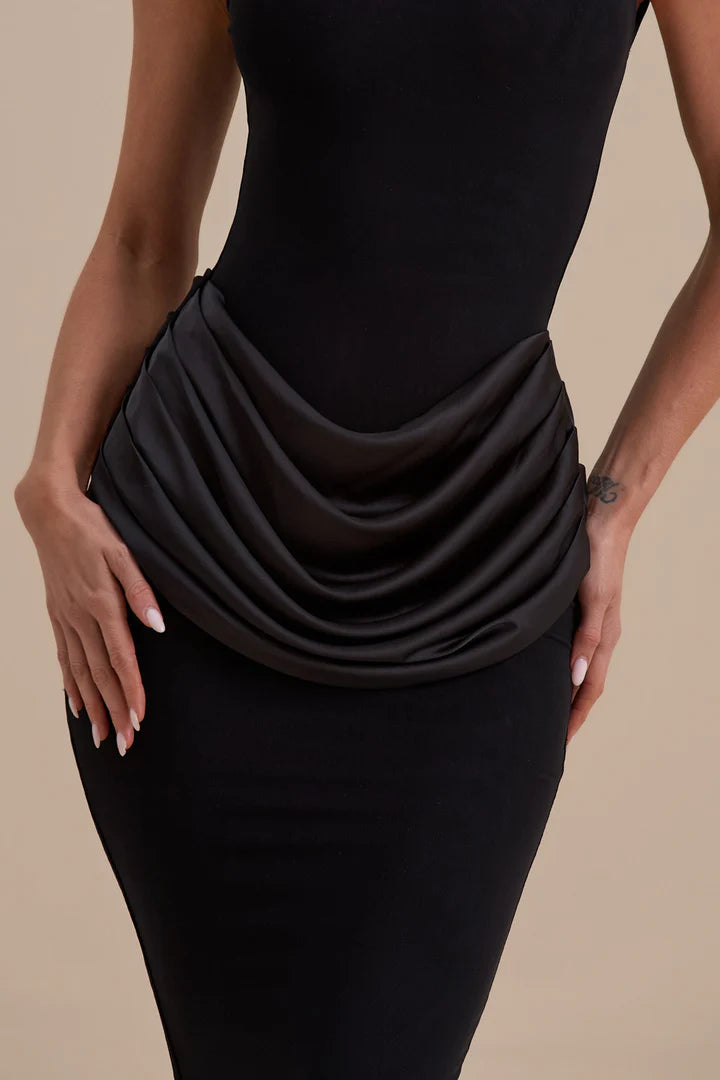 Wanderdoll - EMAN SLEEVELESS MAXI DRESS WITH SATIN DRAPED WAIST DETAIL | BLACK