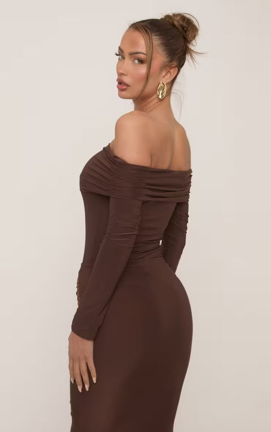 Asos - Bardot Long Sleeve Top In Chocolate Brown Slinky