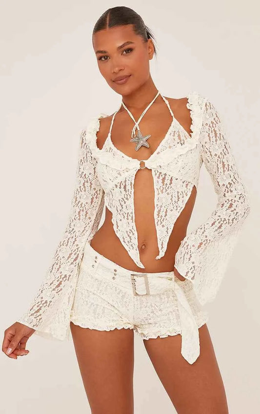 Ego - Flared Long Sleeve Split Hem Top In Cream Lace