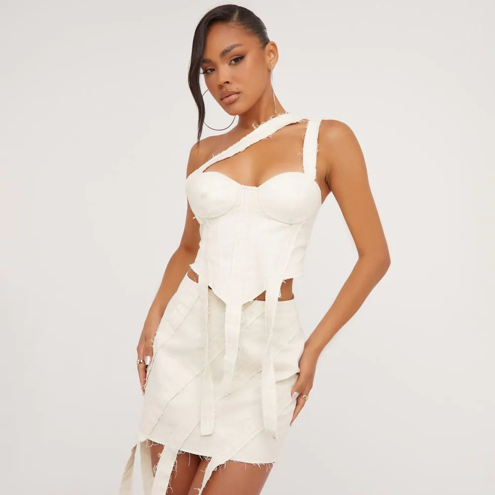 One Shoulder Raw Edge Strap Detail Dipped Hem Corset Top In Stone Canvas