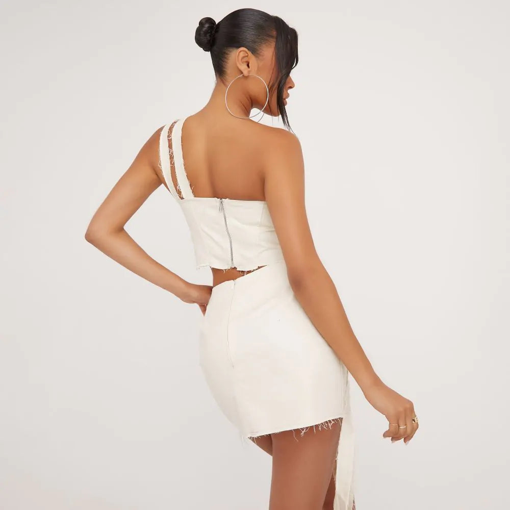 Ego - High Waist Raw Edge Strap Detail Mini Skirt In Stone