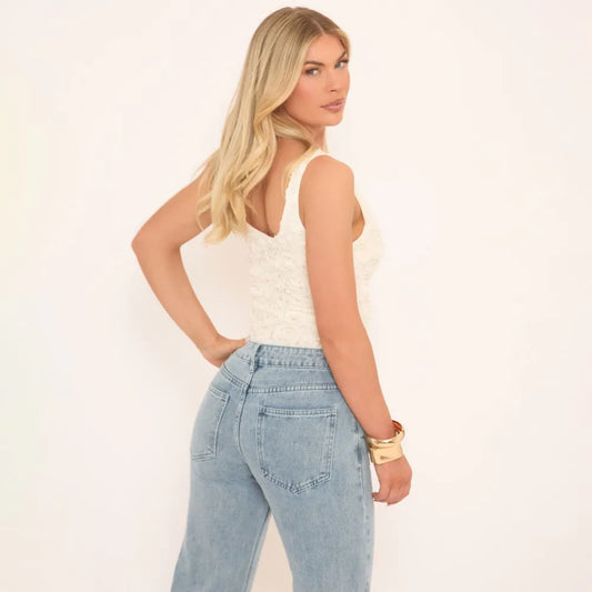 Sleeveless Scoop Neck Bodysuit In Cream Floral Applique